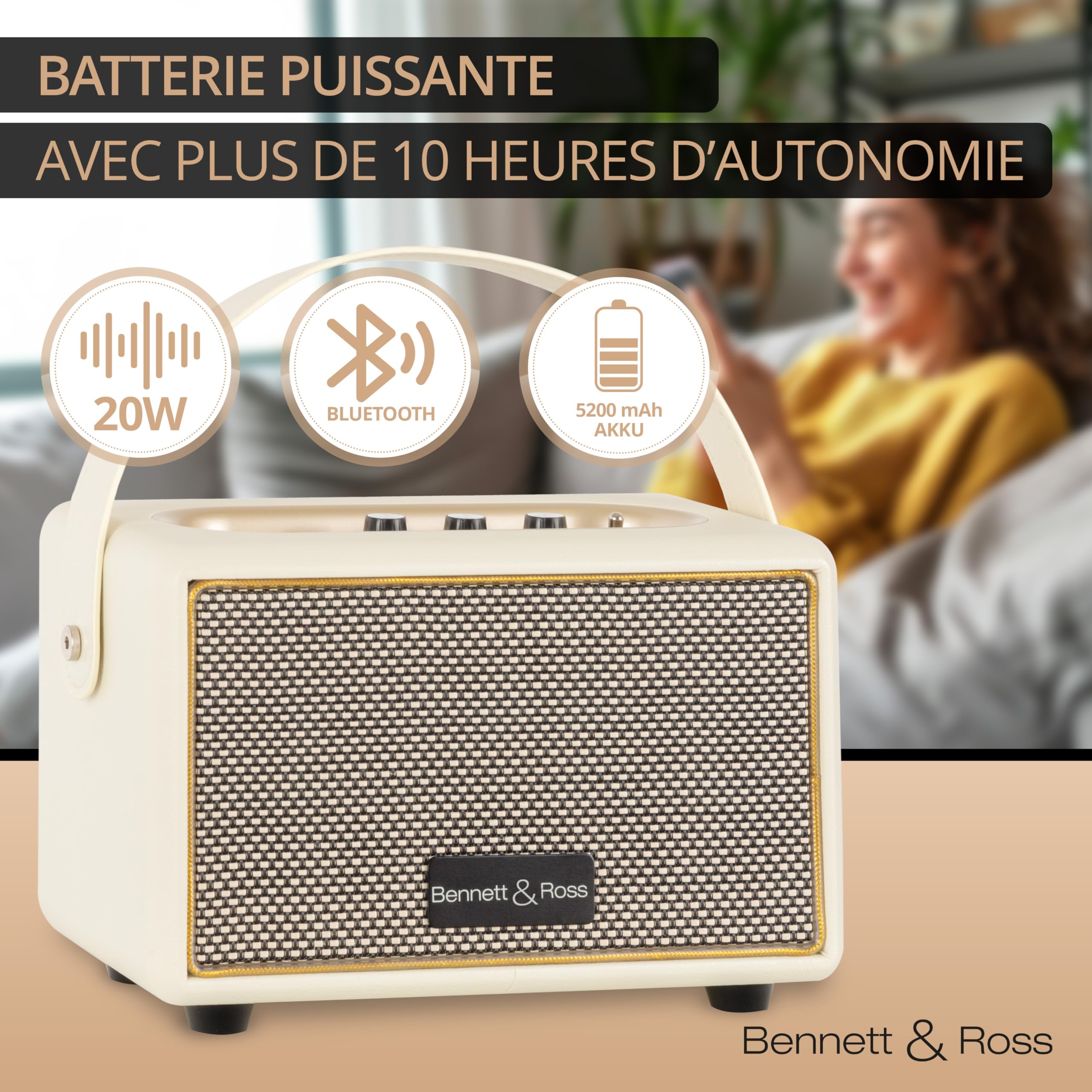 Bennett & Ross BB-820CW Blackmore Junior - Haut-Parleur Bluetooth rétro en Cuir avec accu 5200 mAh - Haut-Parleur Vintage avec 20W - Entrée MicroSD avec Lecteur MP3 - Aux-in - Enceinte Blanc créme