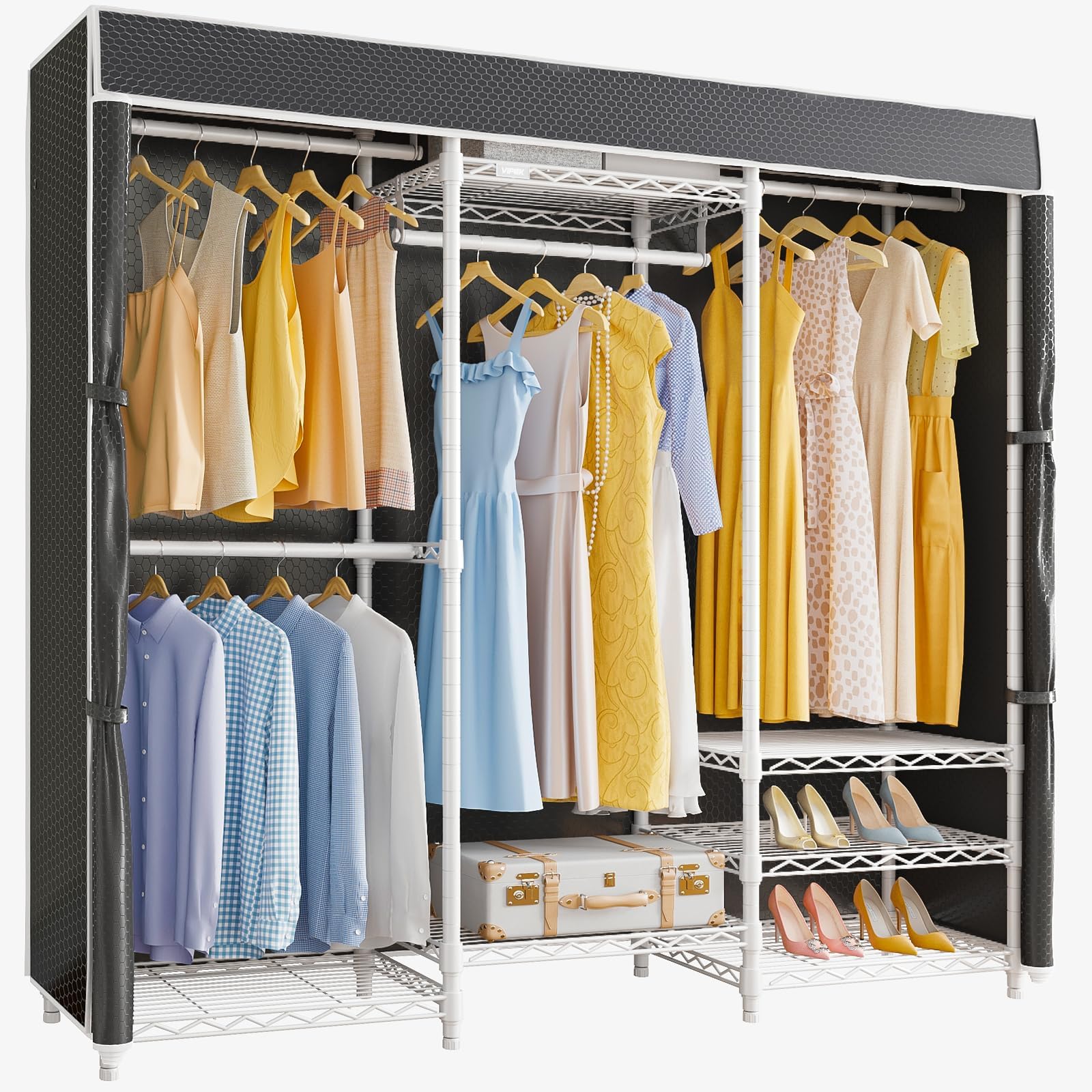 VIPEK V5C Medium Covered Clothes Rack Heavy Duty Portable Closet Wardrobe, Freestanding White Clothing Rack with Black Upgraded Polyester Cover, Adjustable Custom, 56.7" Lx15.7 Wx76.4 H