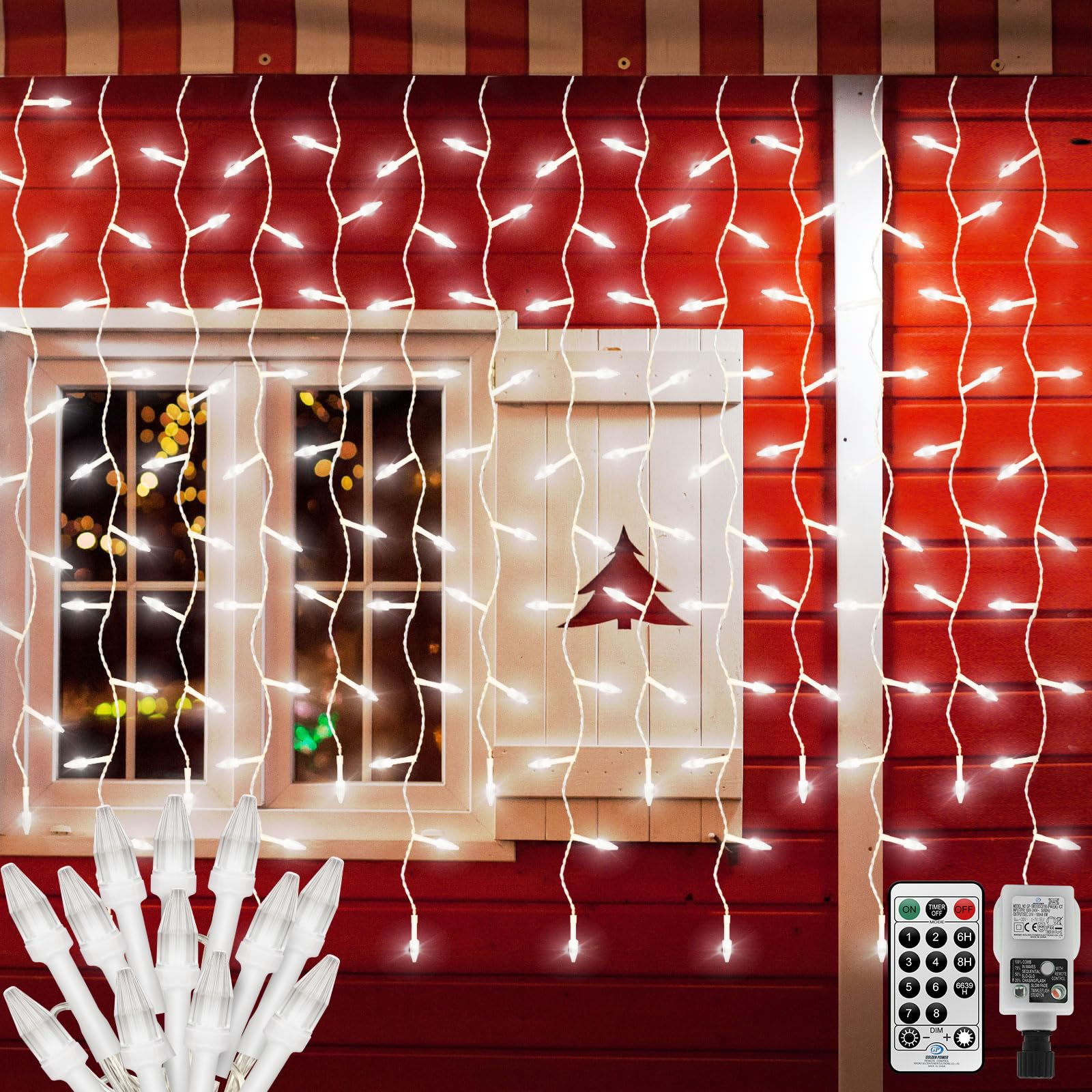 CORST 6 m x 1 m cortina de luces para exterior Navidad con enchufe, 300 luces LED de diamante para ventana, guirnalda de luces para jardín con mando a distancia, vinculable para Navidad (blanco)