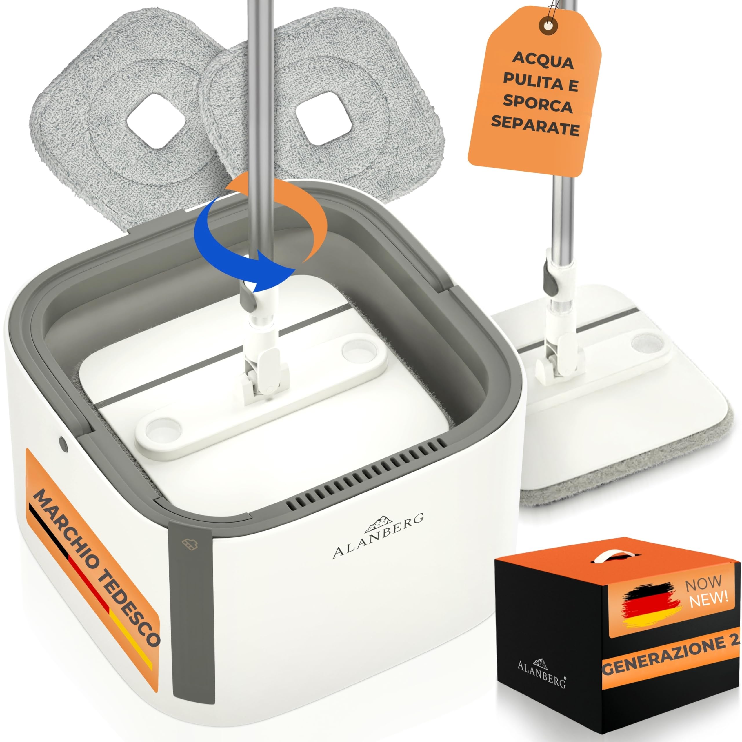 Set Lavapavimenti e Secchio per Pulizia – Gen 2 – 2 Scomparti, Secchio Rimovibile, Mocio Piatto Autoestrizzante 360°, Rullo Raccoglipeli, 2 Panni Riutilizzabili, Bianco – ALANBERG®