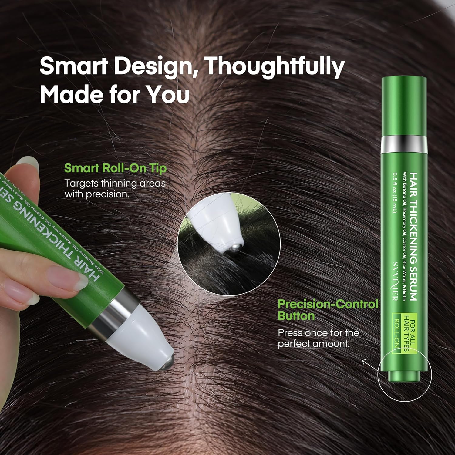 Svvimer Hair Growth Serum Roll On - with Rosemary Batana Oil Biotin Thickening Scalp Serum for Thinning Hair and Loss - for Women and Men 2 PCS 15ml/each - Image 2