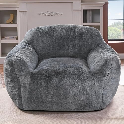 Giant Bean Bag Chair for Adults, Large Memory Foam BeanBag Chairs, Oversized Bean Bag Sofa with Filler, Faux Fur Big Reading Chair Comfy Floor Sofa Chair (Grey) - Grey