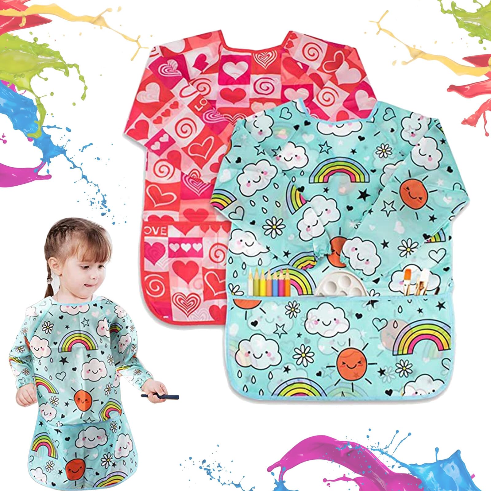 Jadin Delantal Niño de 4-8 años, paquete de 2 Fundas Pintura Niños de Manga Larga, Delantal Niño de Cocina Impermeable, Babi Escolar con 3 Bolsillos Adecuado para Dibujar, Cocinar y Hacer Manualidades
