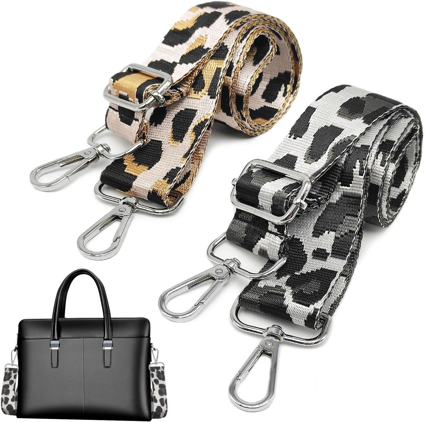 EUPSIIU 2 Pcs Wide Shoulder Bag Strap Adjustable Crossbody Bag Strap, Leopard Print Nylon Replacement Luggage Straps, With Clips For All Match Long Straps Handbag Canvas Crossbody Bag (2 Color)