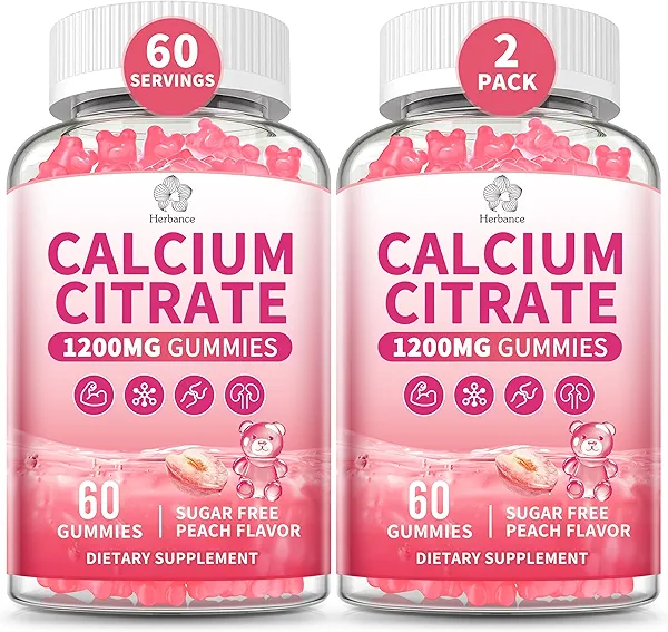 Calcium Citrate Gummies 1200 mg for Adults, High Absorption Pure Calcium Supplement for Women & Men, Sugar Free, Non-GMO, Gluten Free, Supports Muscle & Immune - Natural Peach Flavor, 120 Gummies