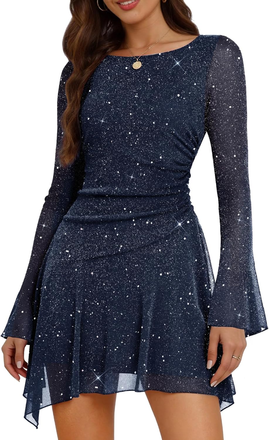 Aupuls Long Sleeve Sequin Prom Dresses for Teens Asymmetrical Going Out Women Party Cocktail Dress