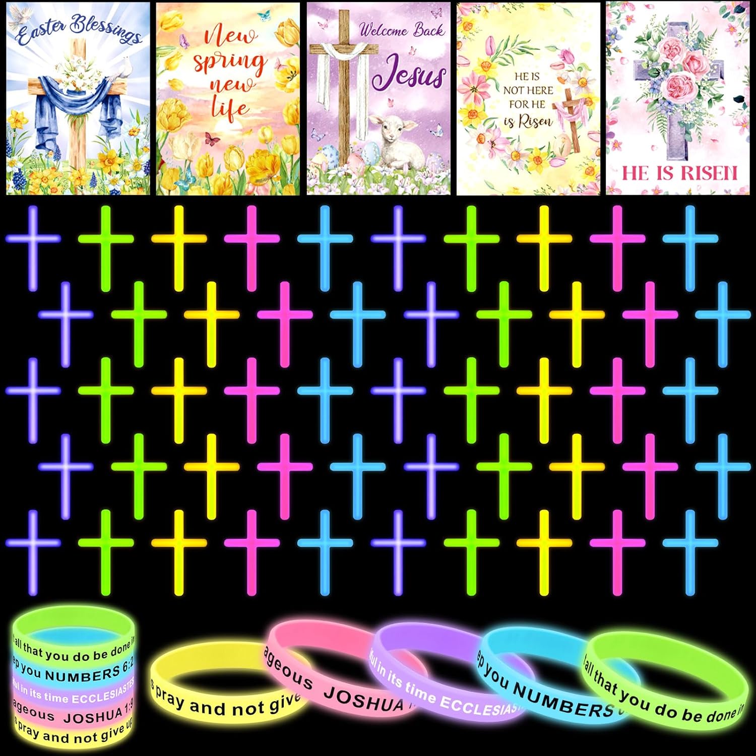 Tondiamo 150 Pcs Easter Religious Party Favors for Kids Include Glow in The Dark Cross Sticks Jesus Silicone Bracelets and Cards Christian Gifts for Easter Treats Toys Classroom Prize(Classic Color)
