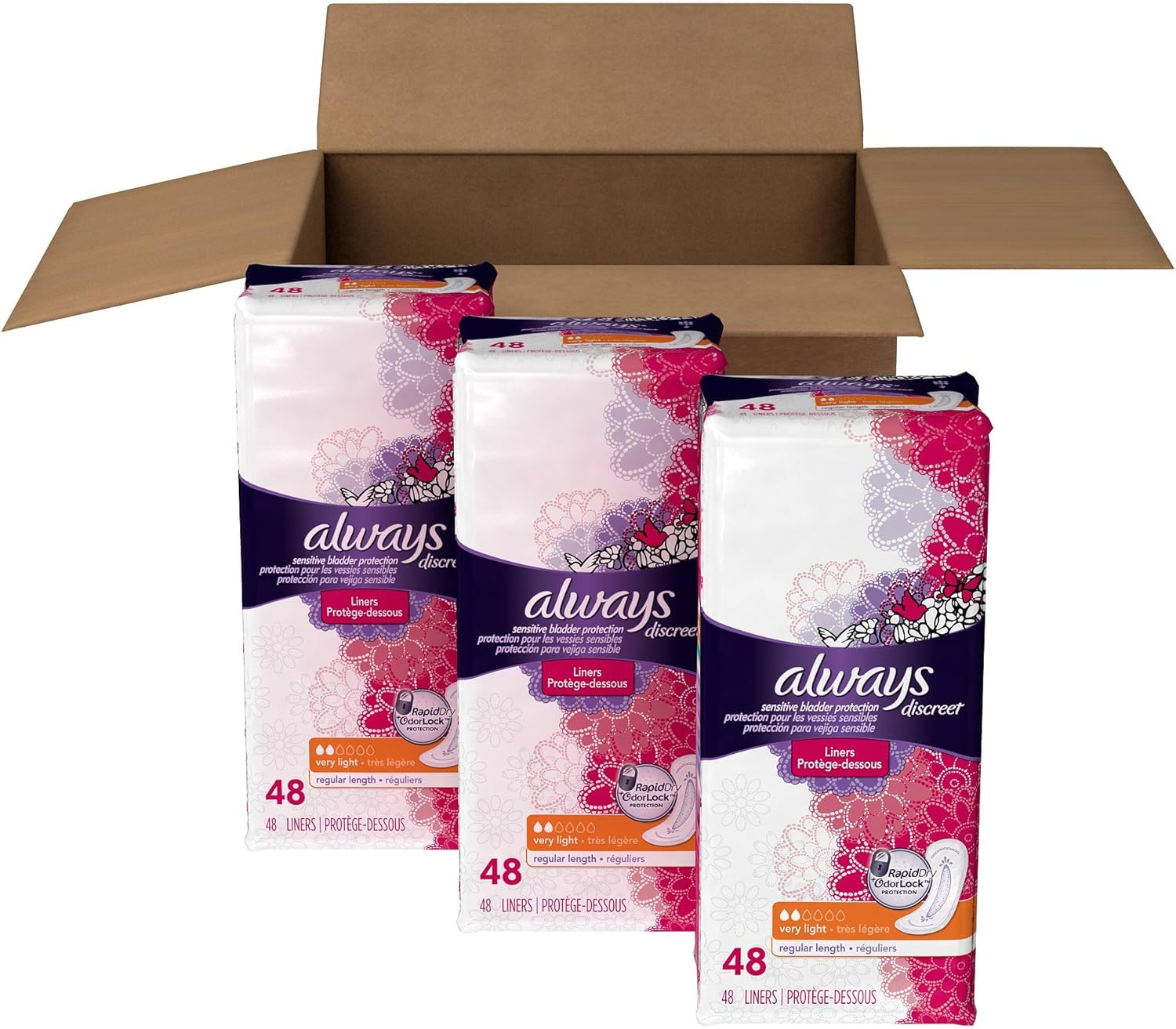 Always Discreet Incontinence Liners for Women, Very Light Absorbency, Regular Length , 144 count