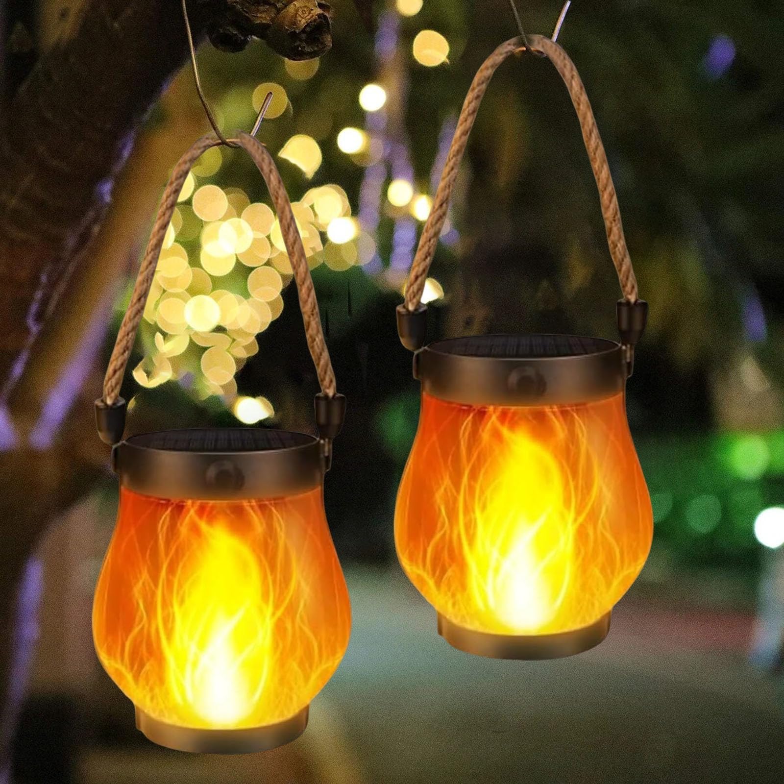 Solar Lanterns Outdoor Garden, Waterproof Dancing Flame Outdoor Hanging USB and Solar Lights Dual Powered with Hemp Rope for Garden Patio Yard Decor (2Pack)