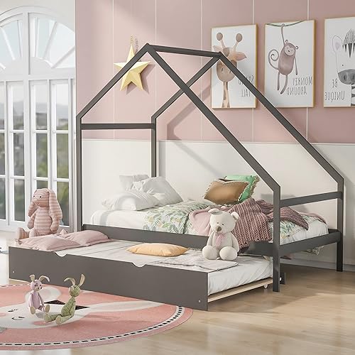 Merax Cama nido Montessori de madera individual sofá cama de casa para niños niñas sin necesidad de somier gris