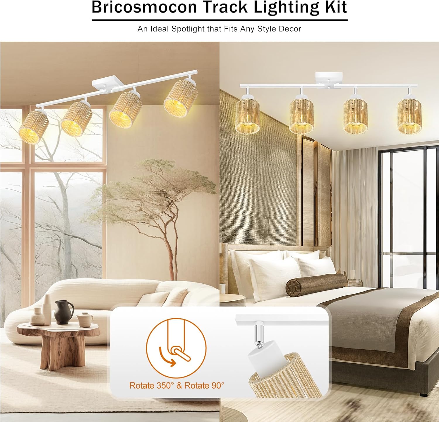 BoostArea 4 Light Track Lighting Kit, 4 Way White Ceiling Spot Lighting with Handwoven Hemp Rope Lampshade, Flexibly Rotatable Light Head for Kitchen, Living Room, Bedroom, Bulb Not Included