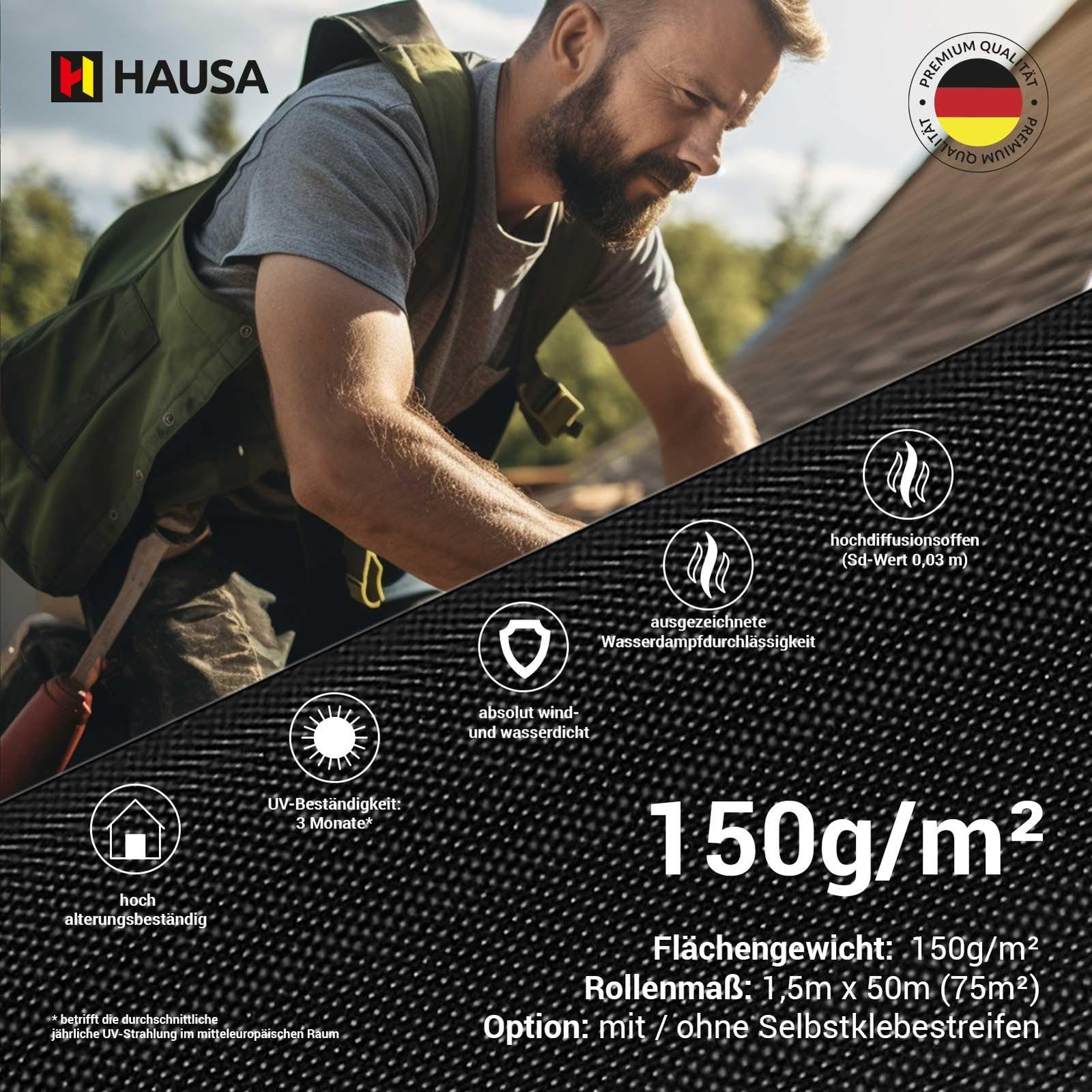 HAUSA Unterspannbahn Premium HU150 150g/m² schwarz 37,5m² (1,5m x 25m) Klasse UDB/USB schlagregensicher diffusionsoffen UV-beständig