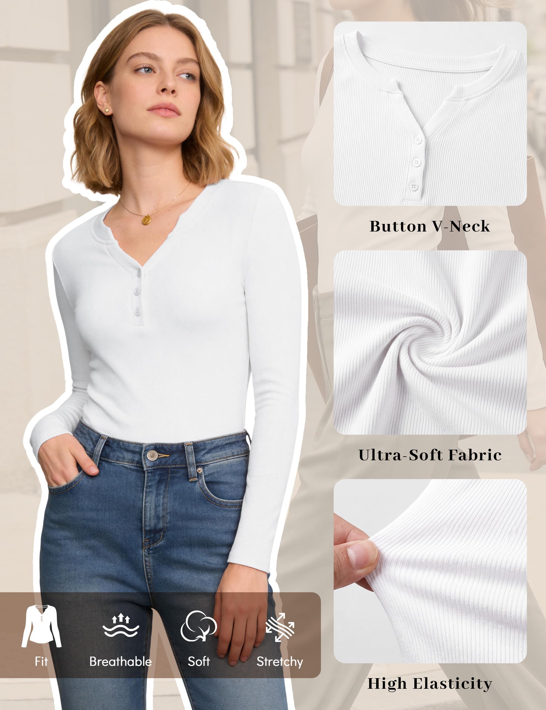 Demegimi T Shirt Femme Manche Longue Col V Bouton Côtelé Slim Pack de 2-3 | Pack de 2 Tee Shirt Femme Manche Longue Col V Côtelé Slim Basique Casual Printemps Automne Taille S a XXL