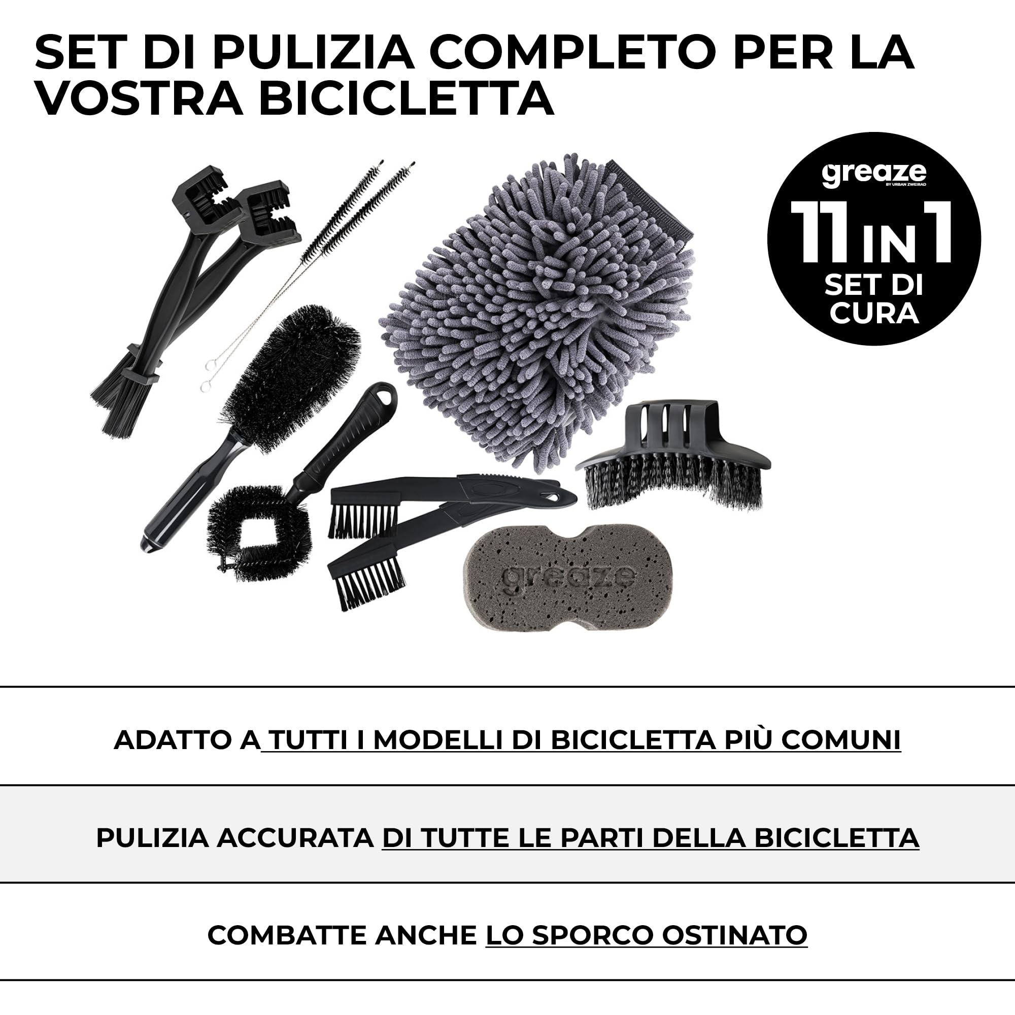 greaze Set pulisci catena bici - Set pulizia bici - Accessori bici spazzola per catena + spazzola per la pulizia catena della bicicletta - spazzola per pignone - Kit pulizia bici (set da 11 pezzi)