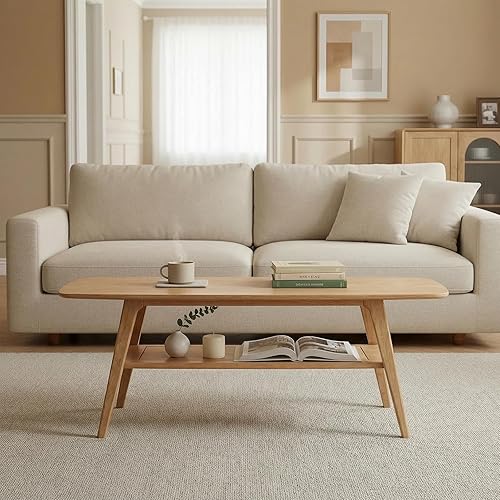 Miniatura 5 de Mesa auxiliar de madera maciza, mesa central de madera de 2 niveles para sala de estar, apartamento y oficina, mesa rectangular rústica de granja,