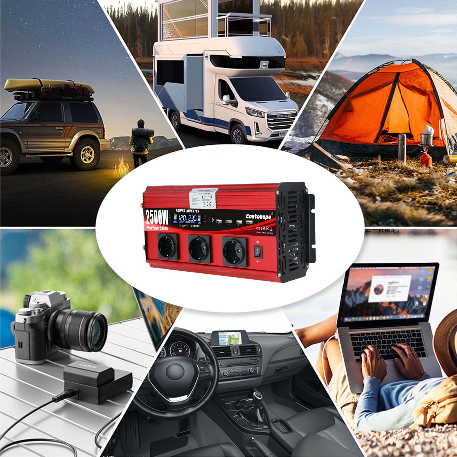 Cantonape 2500W Power Inverter 12V zu 230V DC zu AC mit LCD-Anzeige, Fernbedienung, 3 x AC-Schuko und 4 x 3,1A USB Autoadapter für Auto, LKW, Boot und Wohnmobil