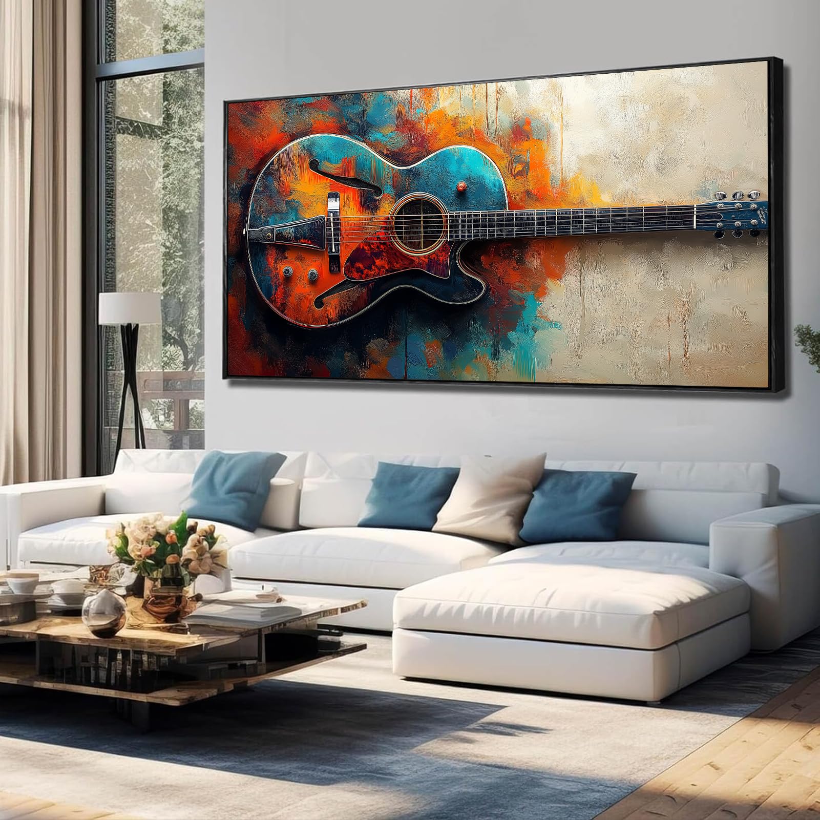 Guitar Canvas Wall Art, Colorful Abstract Guitar Picture Poster, Guitar Oil Painting Print on Canvas, Modern Musical Instrument Artwork, Rock Music