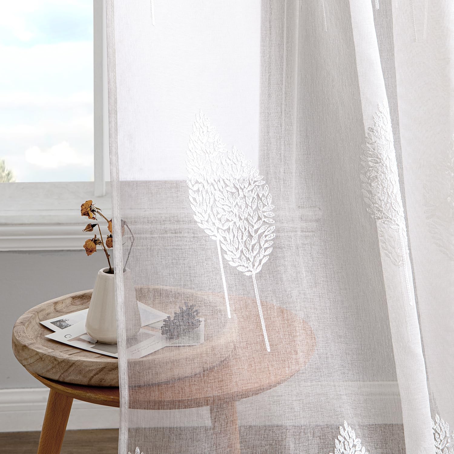 MIULEE Gardine Stickerei Blattmuster Kräuselband 2er Set B140 H280 Weiß | Transparente Gardine mit Stickerei Blattmuster und Kräuselband, modernes Dekor für Wohnzimmer und Schlafzimmer