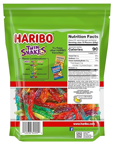 Vista 18 de HARIBO Gummi Candy, Twin Snakes Sweet & Sour Gummy Candy, 8.3 onzas resellables tamaño compartido, bocadillos suaves y masticables, sabores