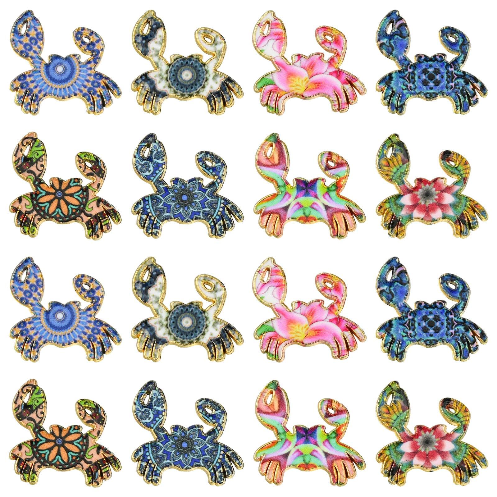 Stiesy 40Pcs 8 Styles Enamel Crab Charms Flower Printed Crab Pendant Charm Sea Animal Dangle Charms for Jewellery Making DIY Bracelet Crafting Gifts