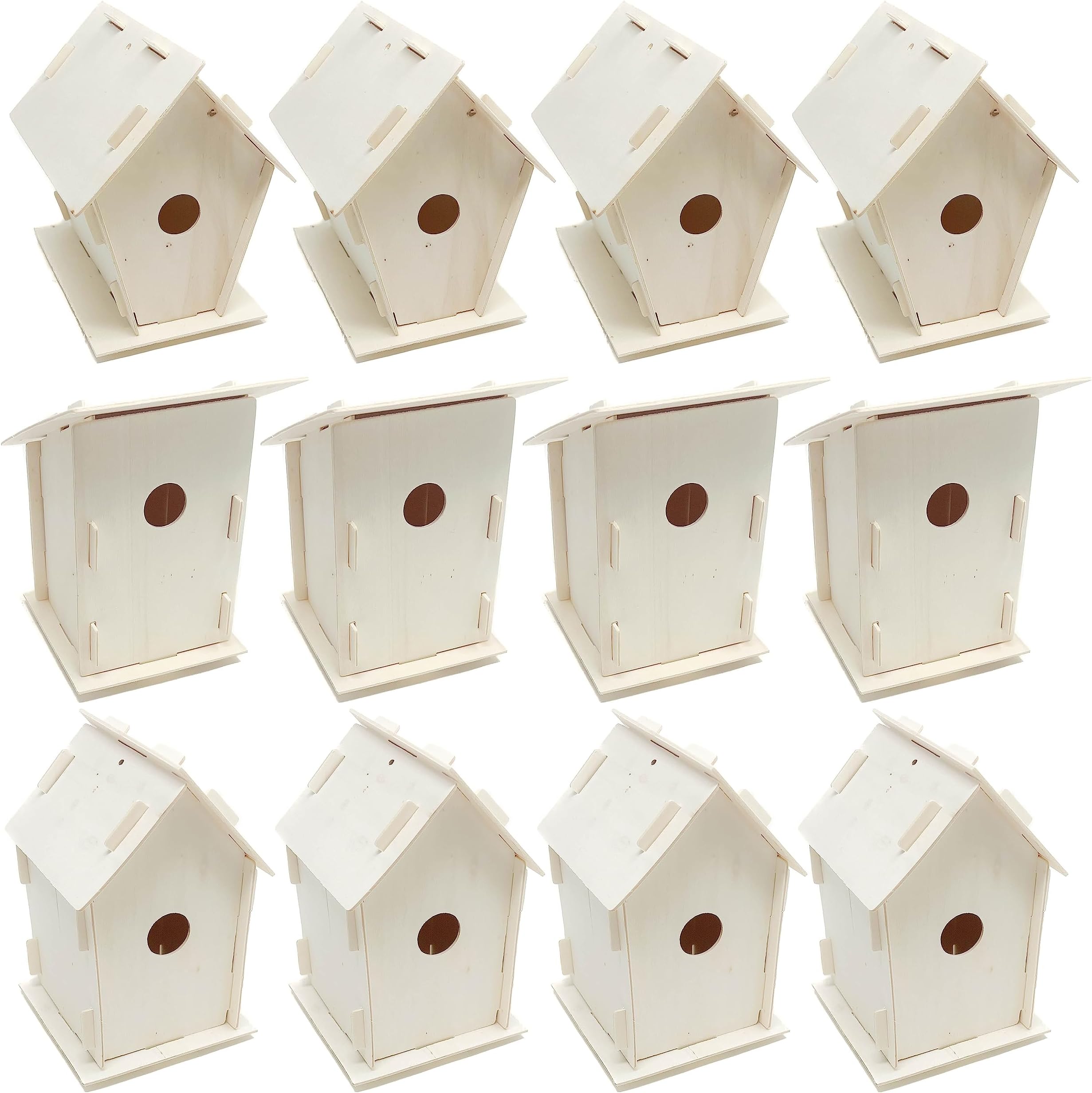 PodzlyKids Wooden Birdhouse Craft Kit - 12 DIY Bird House Kits - Bulk Arts and Crafts Set - Wooden Houses to Paint, Build, and Personalize - Perfect Kids Crafts Activity with 3 Designs to Enjoy