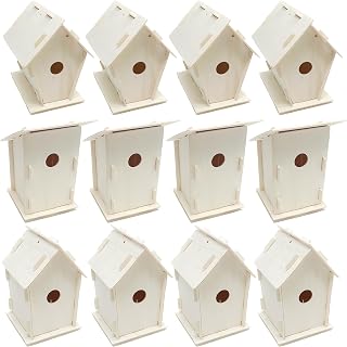 Podzly Kids Wooden Birdhouse Craft Kit - 12 DIY Bird House Kits - Bulk Arts and Crafts Set - Wooden Houses to Paint, Build, and Personalize - Perfect Kids Crafts Activity with 3 Designs to Enjoy