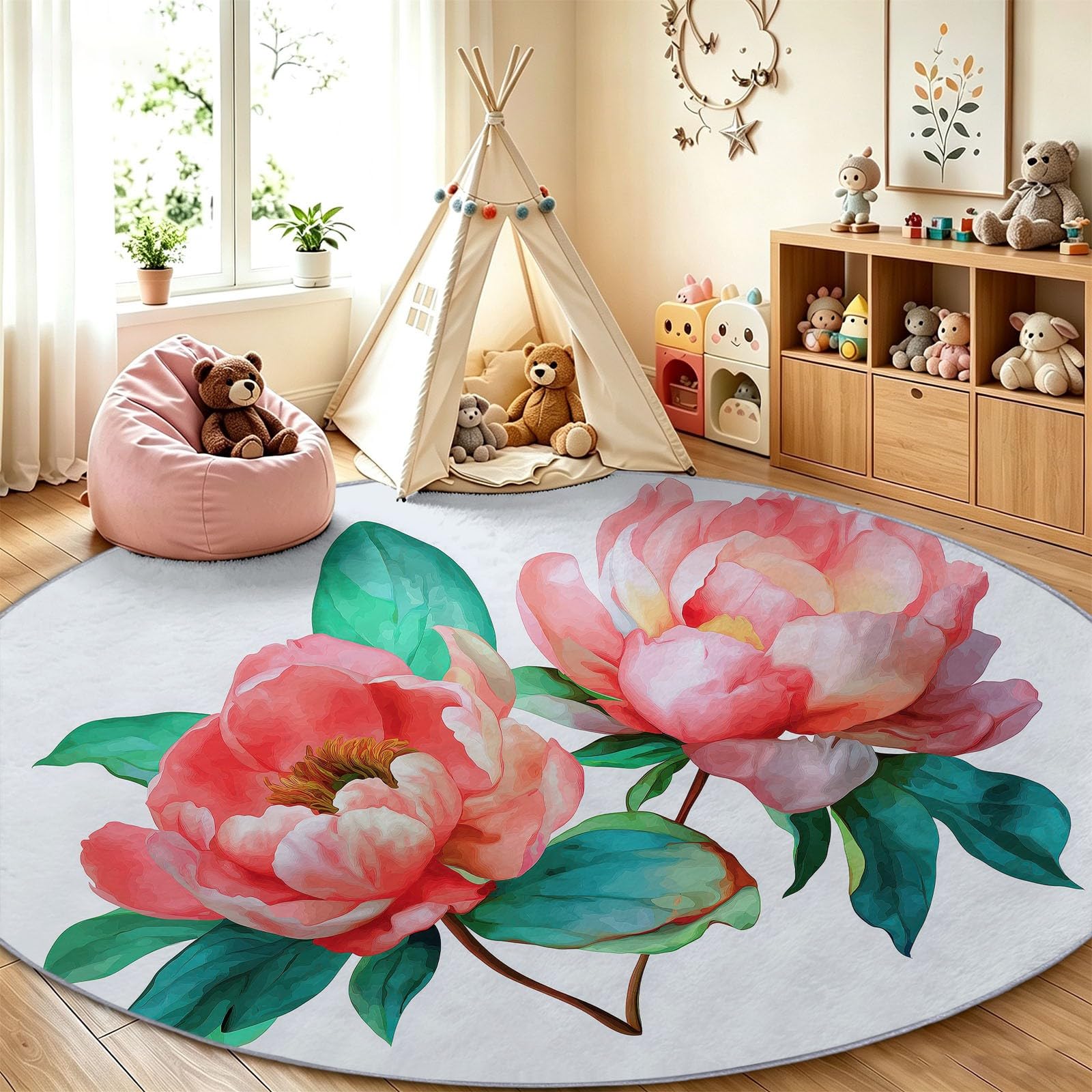 Générique Tappeto rotondo acquerello 120 cm, peonia, foglie verdi floreali, lavabile in lavatrice, per soggiorno, sala da pranzo, cameretta dei bambini, infermiere, pelo corto, morbido, antiscivolo