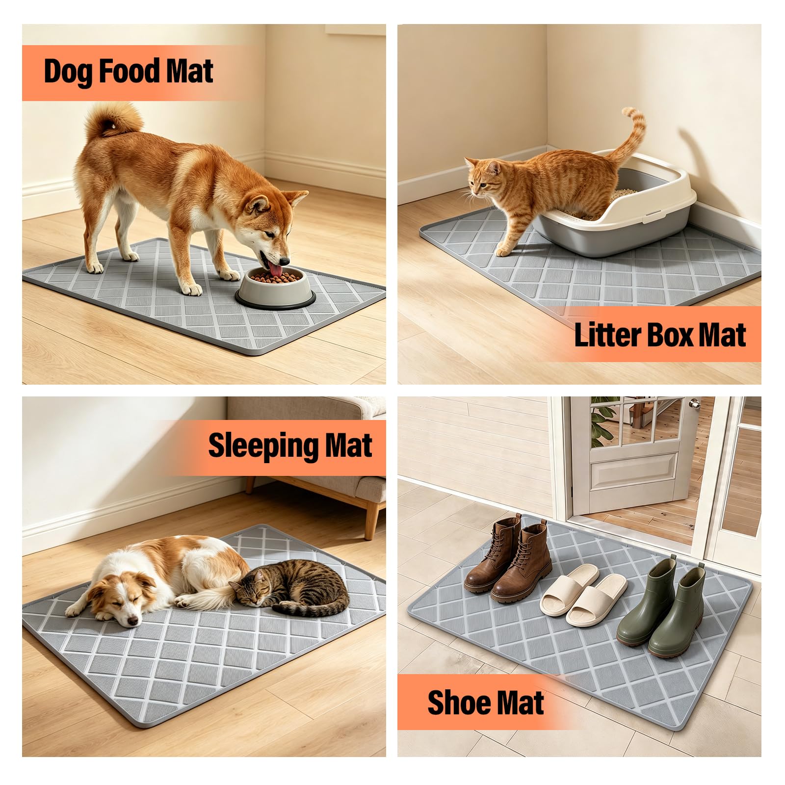 Grand tapis de gamelle pour chien avec brosse Gris 127 x 89 cm
