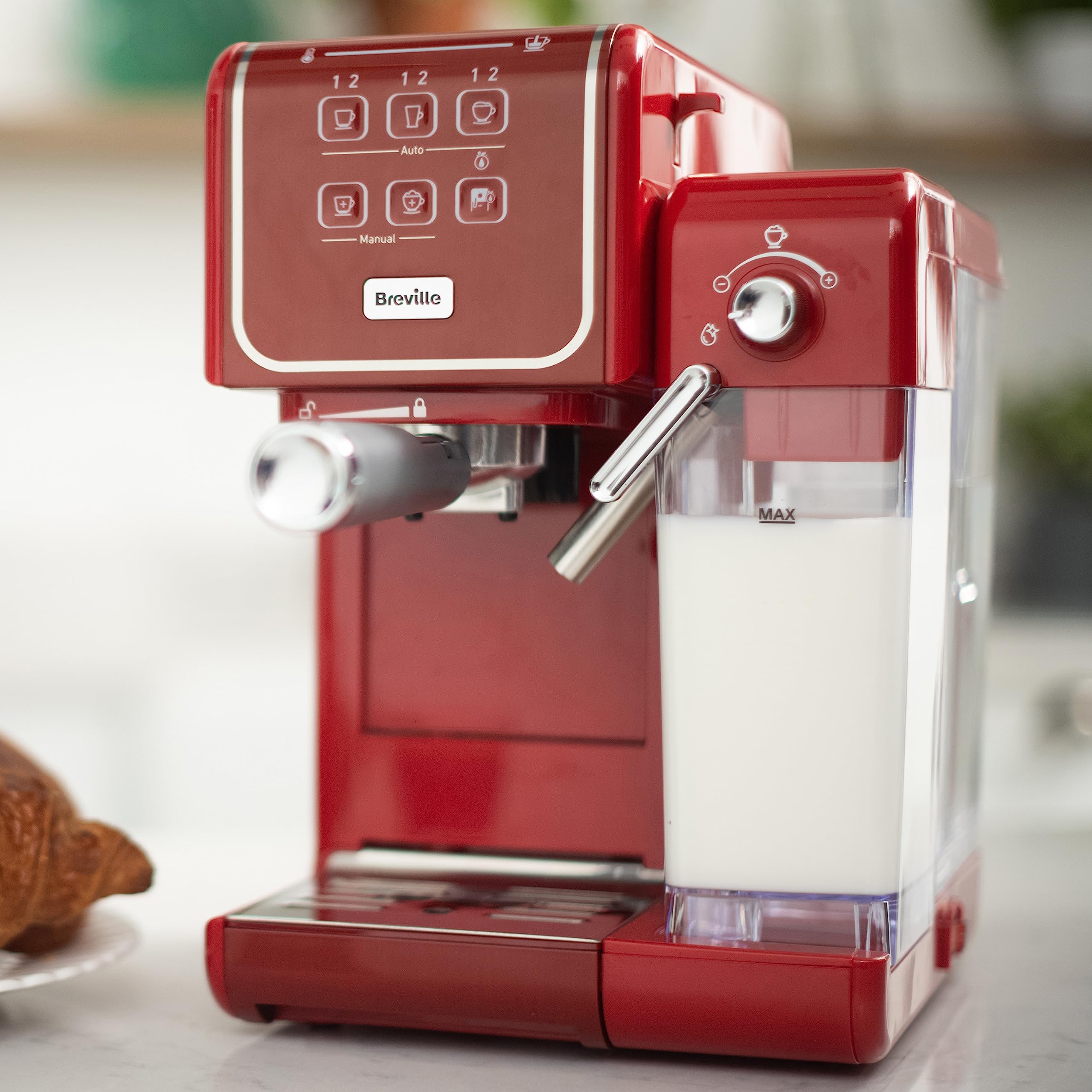 Breville Cafetera Espresso Prima Latte III | Cafetera expreso, capuchino y café con leche | Bomba italiana 19 bares | Espumador de leche automático | Compatible con monodosis ESE pod | Roja