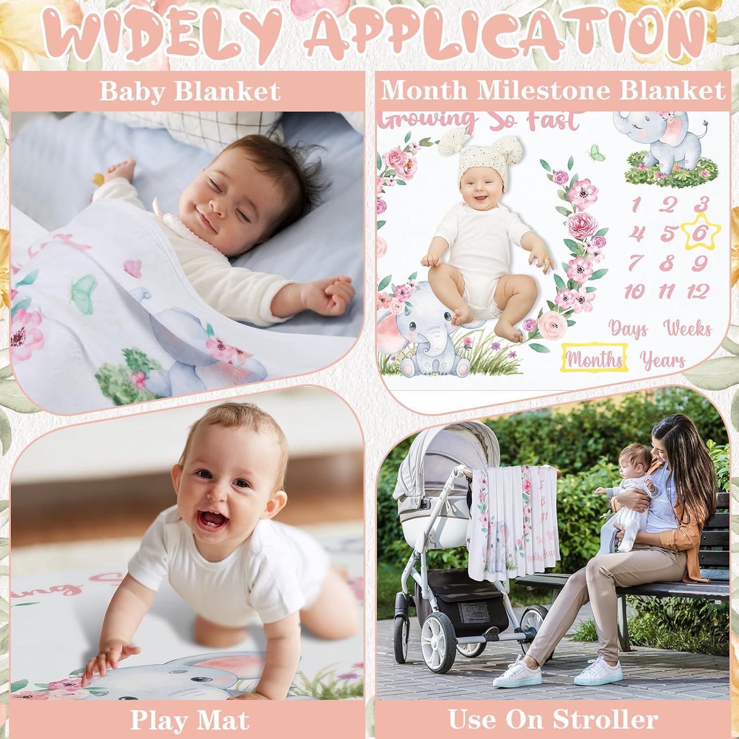 Auidy_6TXD Baby Milestone Blanket Monthly Milestone Blankets for Baby Girls Newborn Baby Blankets Photography Background Fleece Blankets with Wooden Signs, Frames, Bow Headband 50x39 inches - Image 6