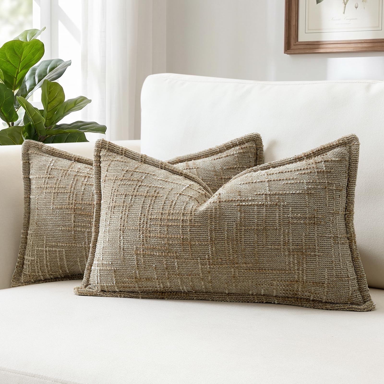 Sungeek Pack of 2 Oatmeal Chenille Textured Decorative Cushion Covers, Soft Cozy Bound Edge Design Cushion Case, Solid Farmhouse Lumbar Pillow Case for Couch Sofa Bed Living Room, 30x50cm