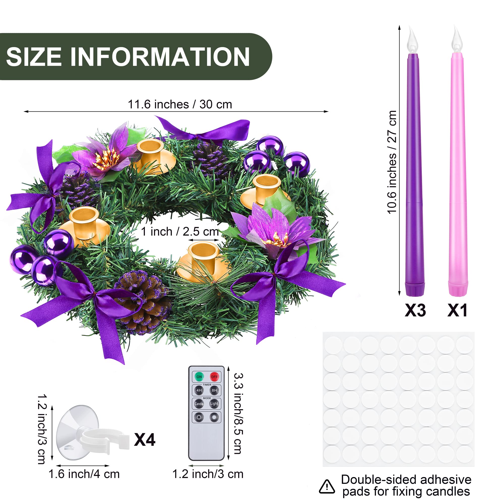 Fovths Couronne de l'Avent de 30,5 cm avec 4 bougies coniques sans flamme et télécommande pour décoration de Noël, maison, église, violet