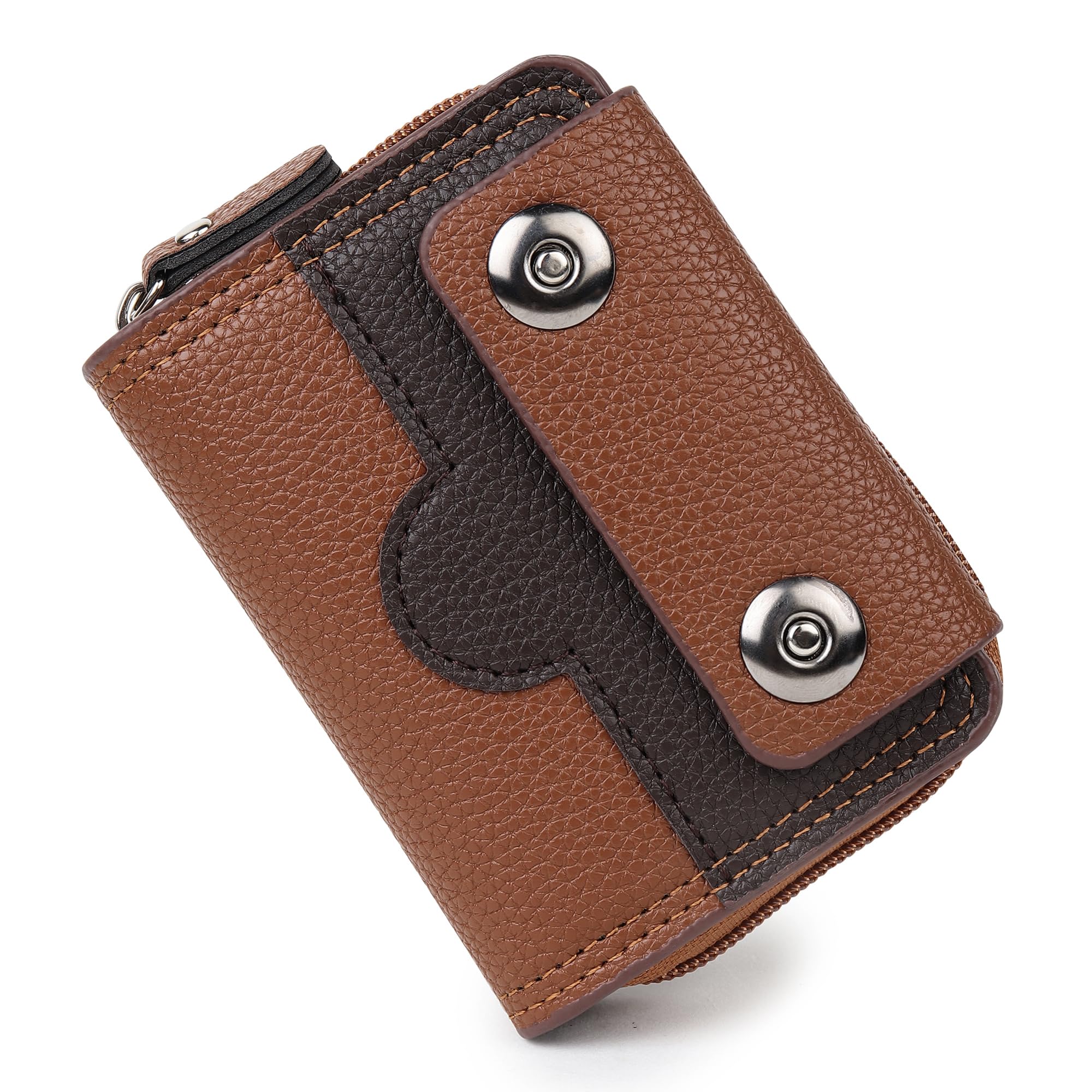 encELade Premium PU Leather Accordion Card Holder Wallet for Men & Women | 15 Card Slots, 2 Cash Compartments, Double Button Closure & Secure Zipper | Brown-image-22