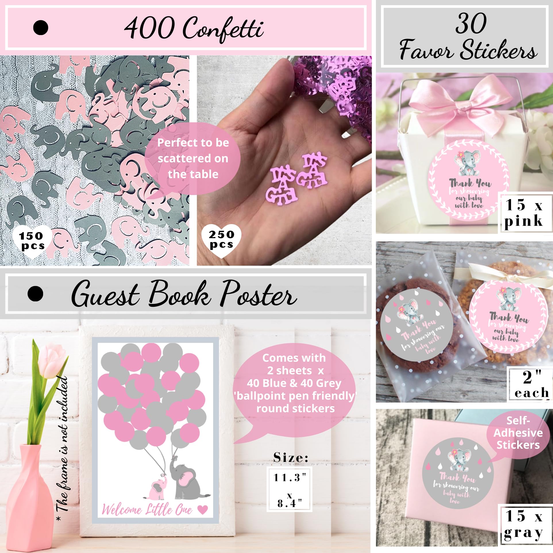 Decoraciones para baby shower de elefante para niña Jumbo Bundle | Es una niña | Rosa Gris Blanco