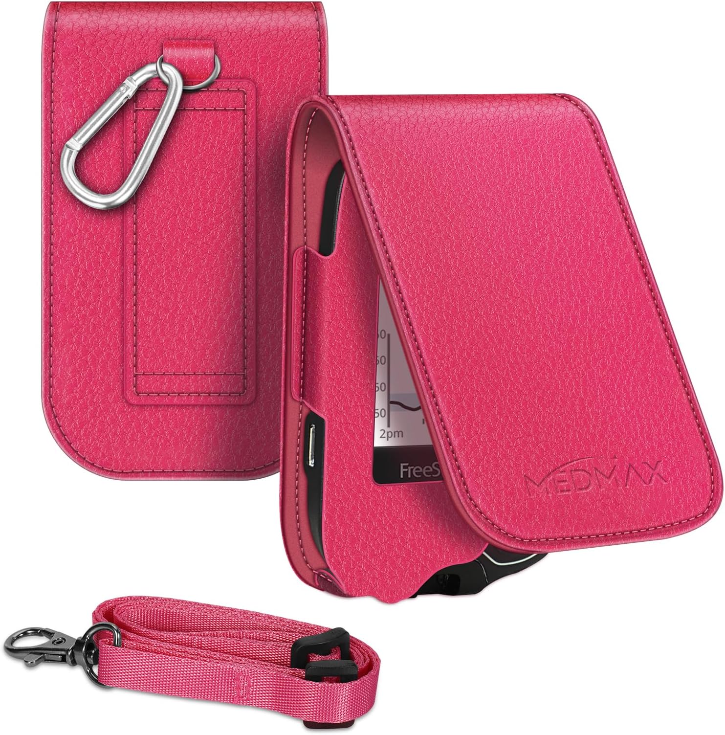 MEDMAX Abbott Freestyle Libre 3/ Libre 2 / Libre 2 / Libre Protective Case, PU Leather Case with Removable Hanging Cord, Lightweight Carrying Case for Diabetics (Rose Red)