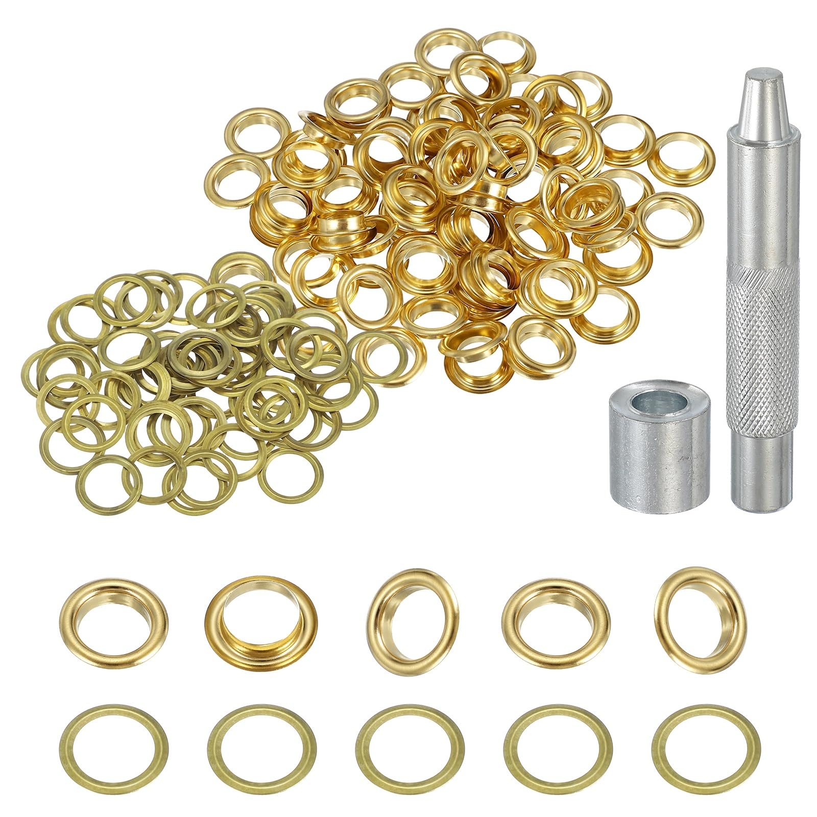 sourcing map 80Set Grommets Eyelets 10mm Copper Eyelets Kit with Washers & Setting Tool for Fabric Curtain Tarps Leather Belt Shoes Bag DIY, Gold