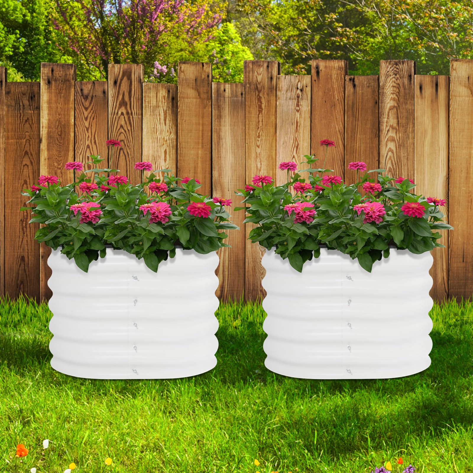 Juego de 2 camas elevadas redondas con guantes y cubierta de goma, jardineras elevadas para exteriores, aptas para el cultivo de verduras, hierbas y flores en el jardín, 60 × 60 × 43 cm, color blanco