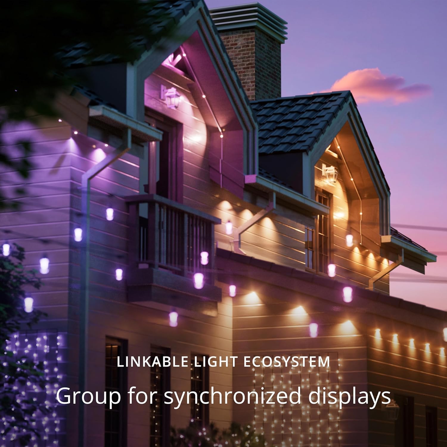 A house with various Twinkly lights installed, including string lights and projection lights, demonstrating a linkable light ecosystem for synchronized displays.