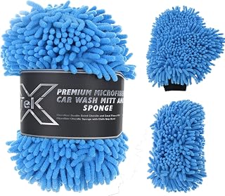 Premium Large Microfiber Chenille Car Wash Mitt and Car Wash Sponge Set (2 Pack), Washer Friendly, Soft and Scratch Free, Thumb Space Double Sided Mitt, Double Sided Sponge with Grip Band
