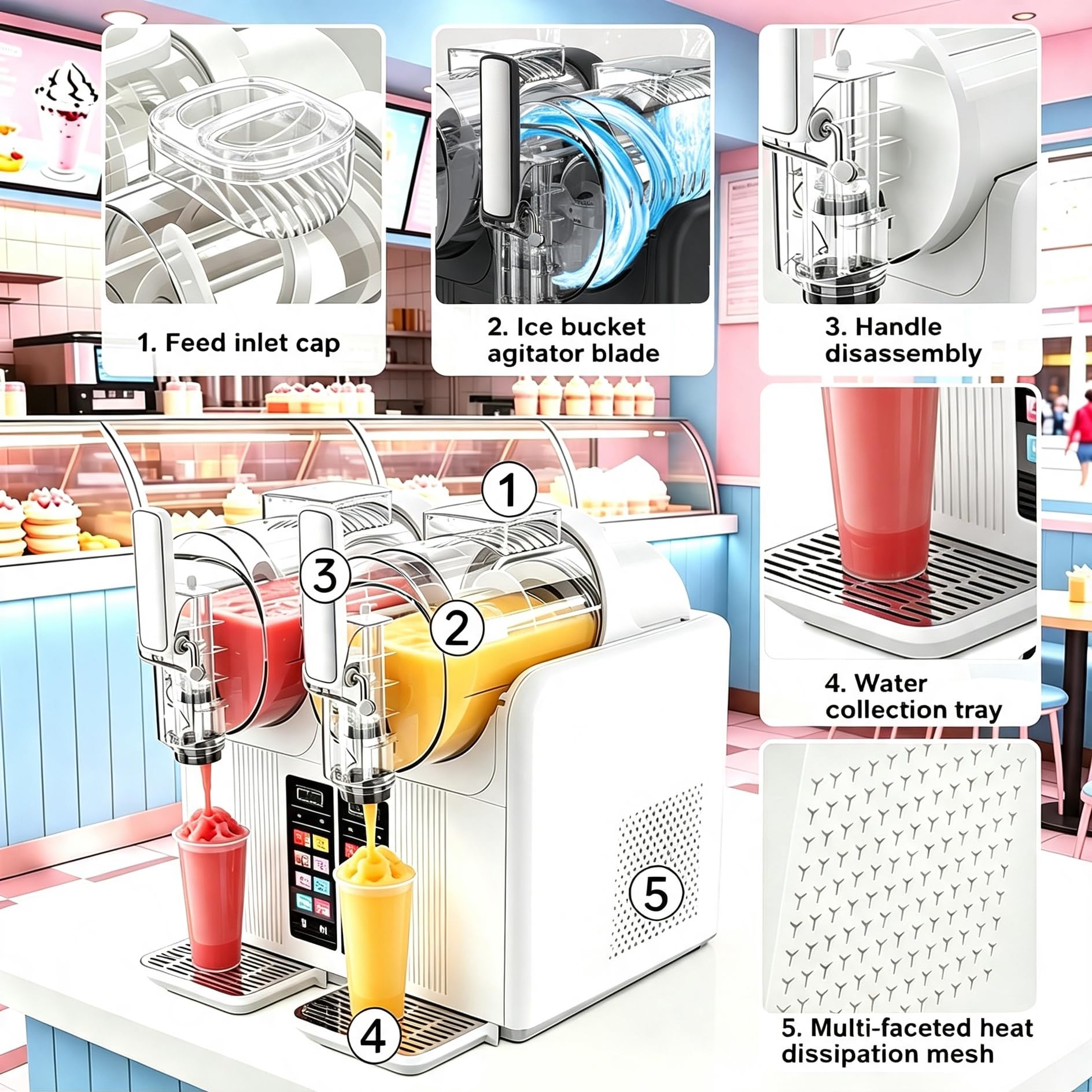 Máquina para granizados doble depósito 380W, 7 en 1 para bebidas congeladas
