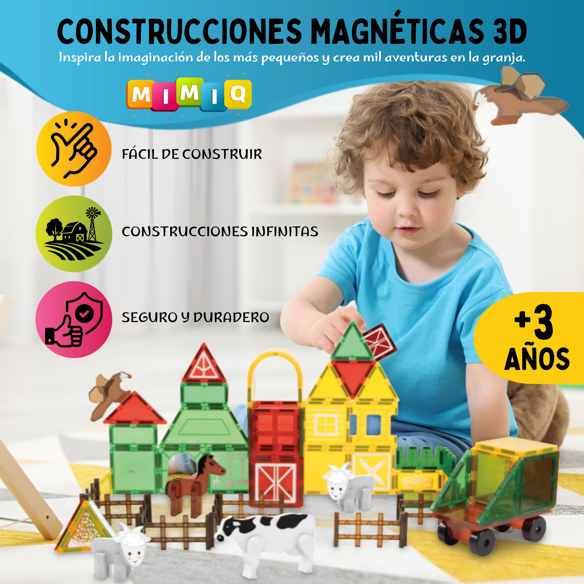 MIMIQ Bloques Magnéticos Granja Construcción Niños – 67 Piezas con 5 Animales y Camión Tractor – Juguete Montessori STEM Educativo, Regalo Niños y Niñas 3 4 5 6 7 Años
