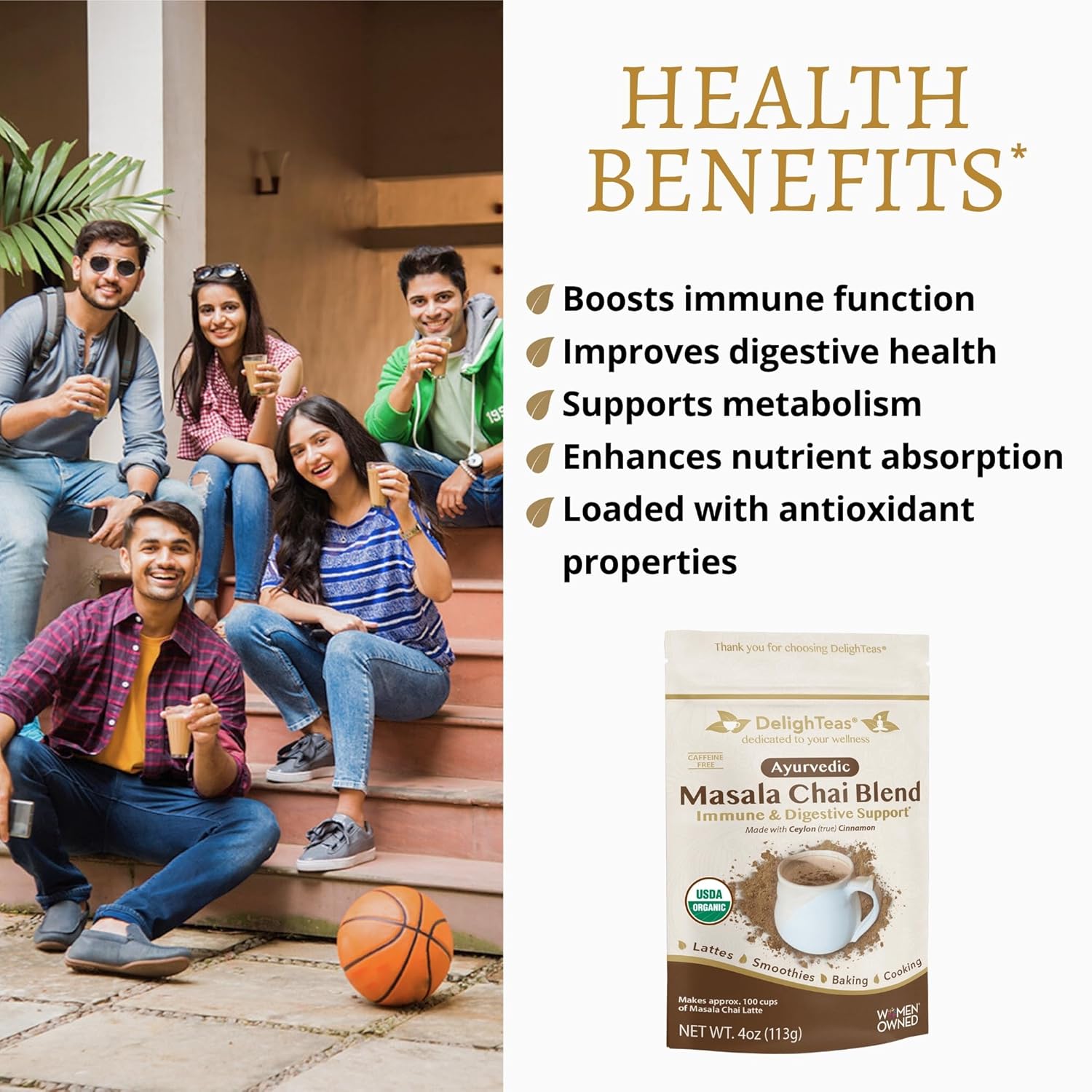 DelighTeas Organic Masala Chai Powder with Inspirational Tea Mug | Ayurvedic Spices for Chai Tea Latte, Smoothie, Cooking | Unsweetened, Vegan, Non-GMO, Keto