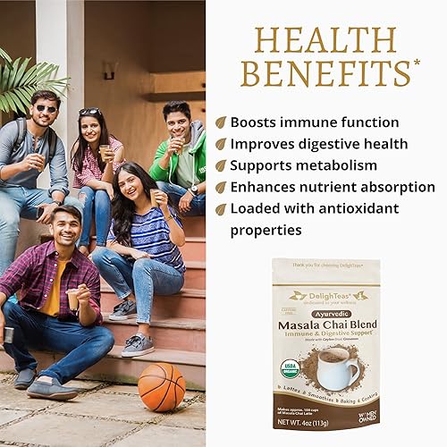 Miniatura 4 de DelighTeas Masala Chai orgánico en polvo con taza de té inspiradora  Especias ayurvédicas para té chai latte, batido, cocina  Sin azúcar, vegano,