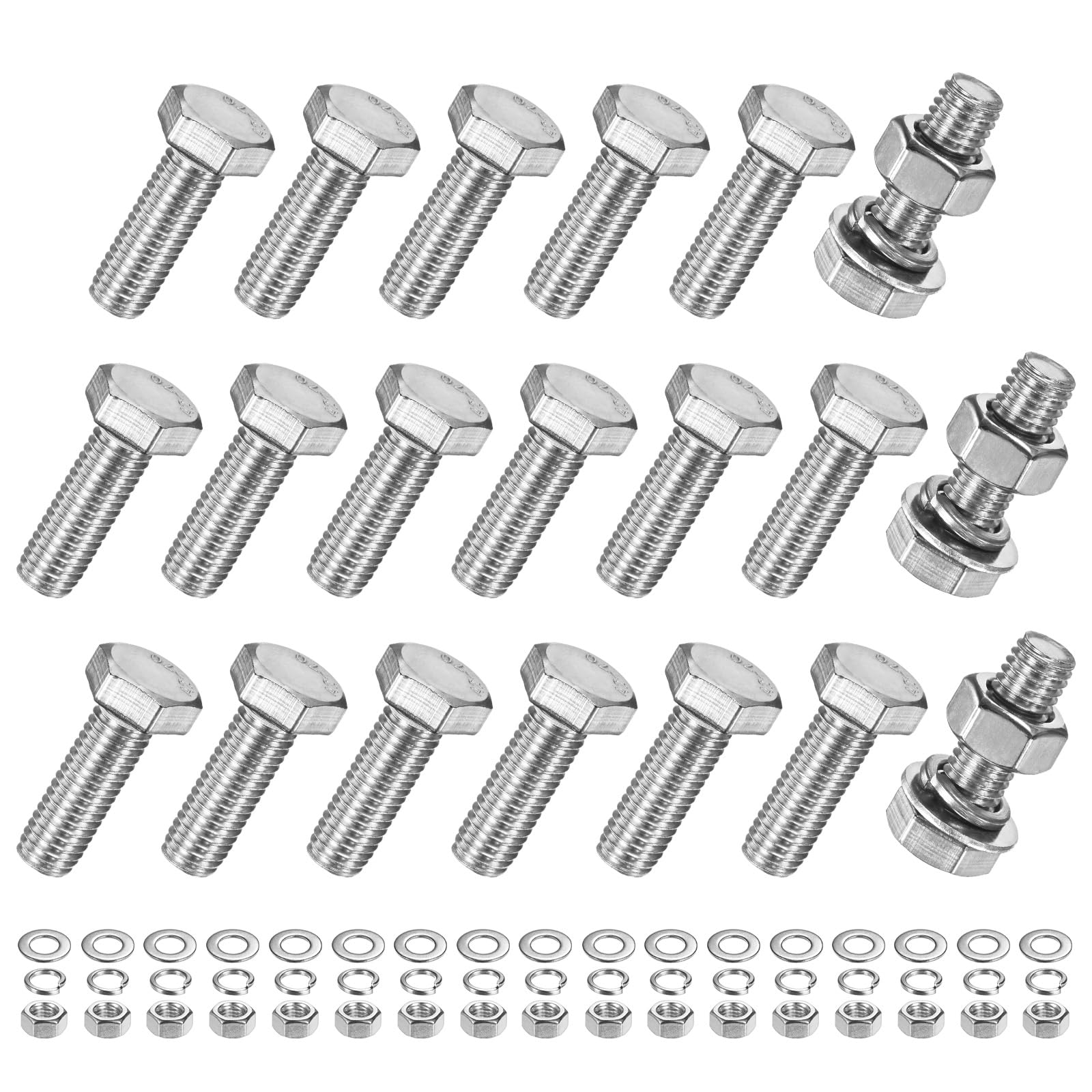 M METERXITY 20-Pack Hex Head Screw Bolt with Nuts Flat & Lock Washers M10x30mm Stainless Steel Bolts and Nuts Kit Fully Threaded Metric Bolt Assortment for Equipment/Machinery