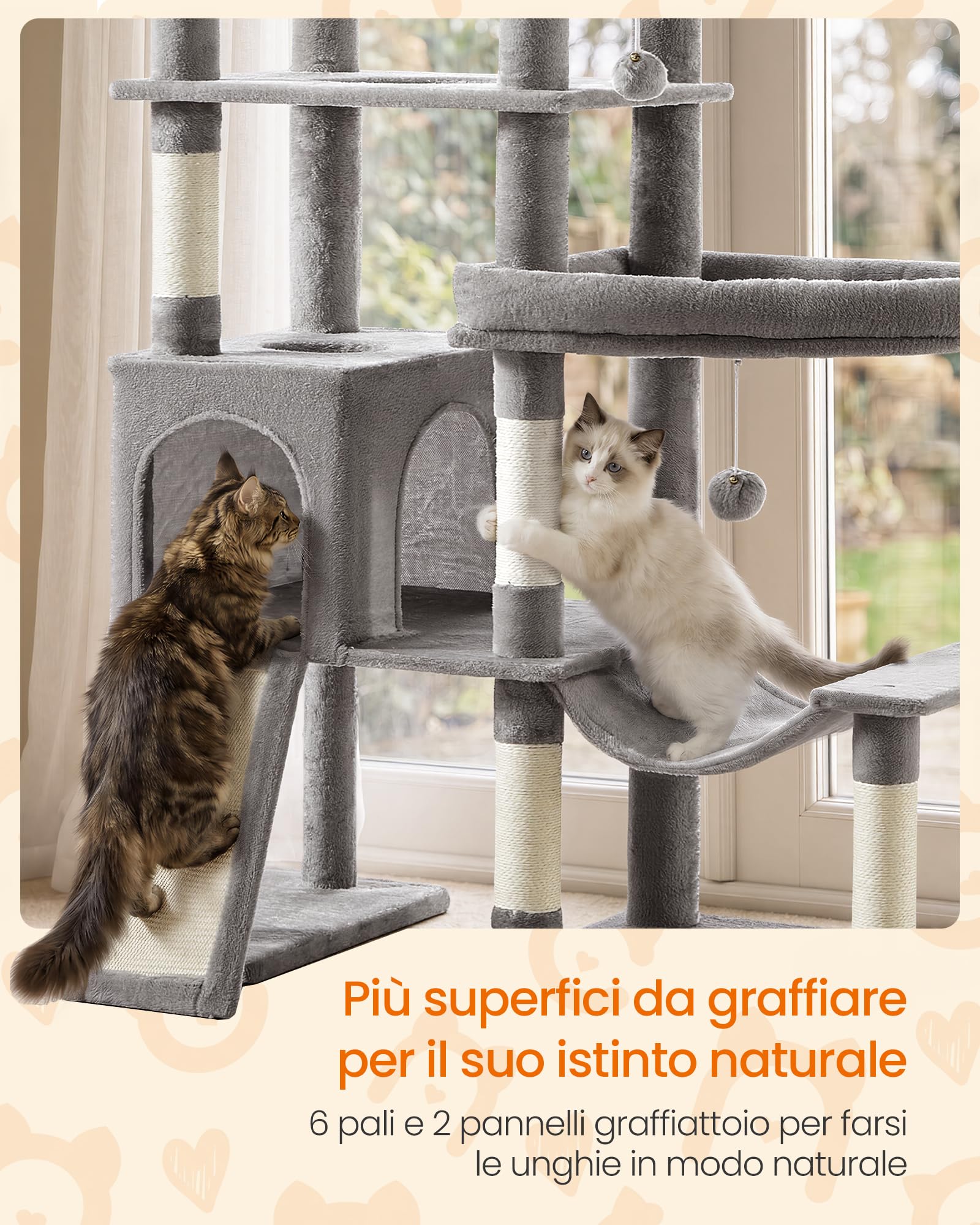 Feandrea Albero per Gatti XXL, Torre Tiragraffi in Sisal con Doppia Base, 6 Aree di Riposo, 133,5 x 67,5 x 202 cm, Grigio Tortora, per Gatti Grandi, Collezione Clawfy PCT020G101