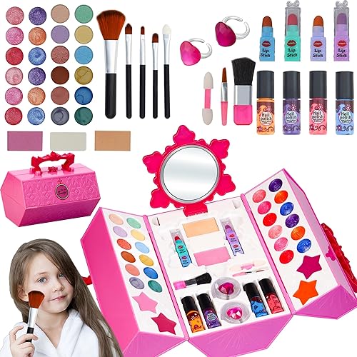 50 juguetes de maquillaje para niños de 5 a 8 años de edad, kit de maquillaje con espejo para niñas, juguetes de belleza lavables reales, kit de