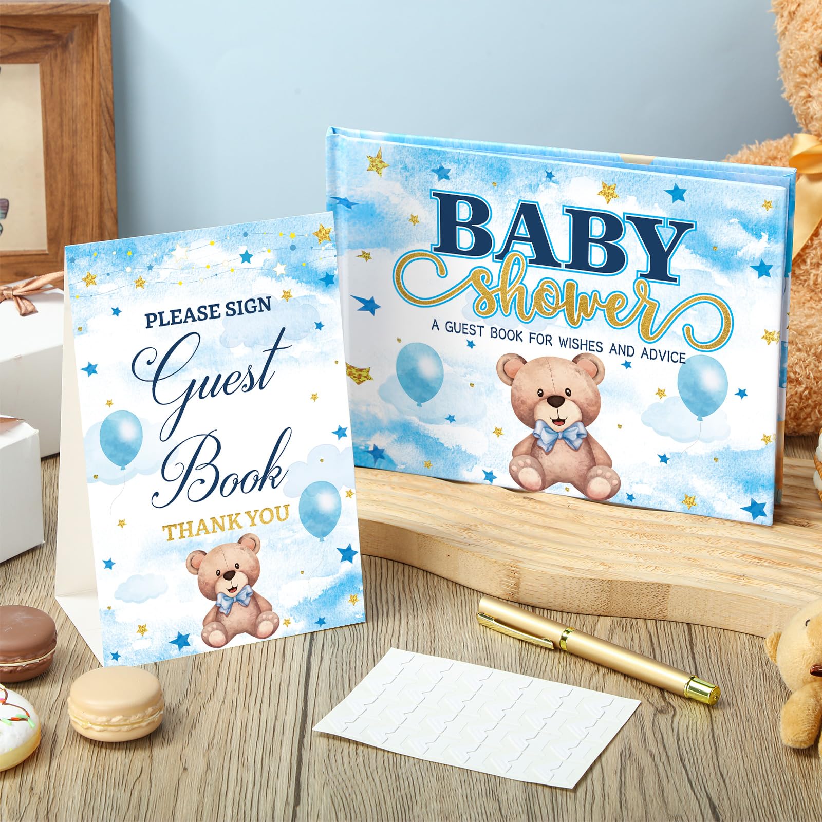 Fuyoooo Zestaw księgi gości na baby shower, niebieski, niedźwiedź, baby shower, 27 szt