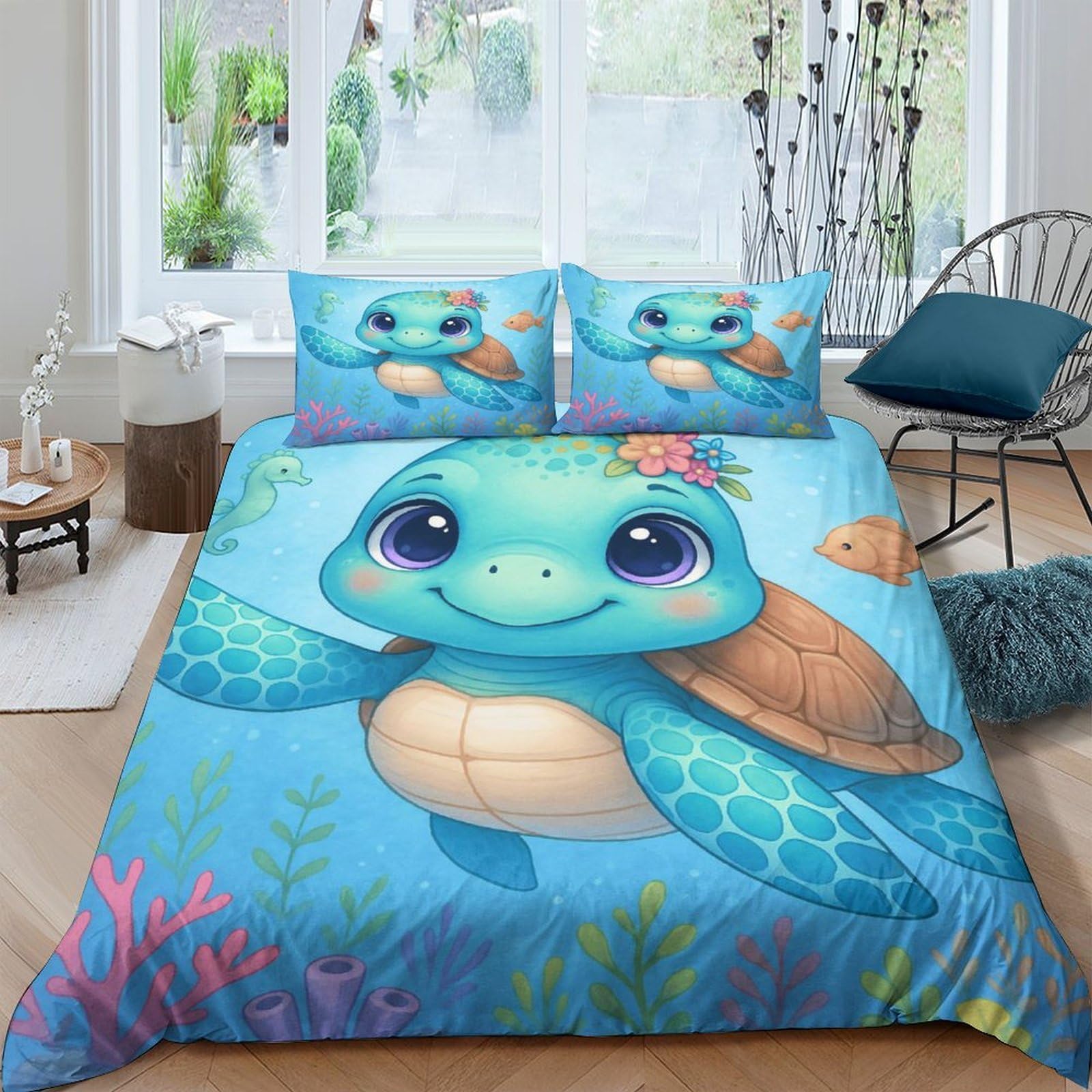 Ctjqhvkz Style-3 3D Printed Cute Sea Turtle Fitted Sheet Microfiber Soft Blue Ocean Cartoon Mattress Cover For Bedroom Dorm Decor Single（135X200cm）