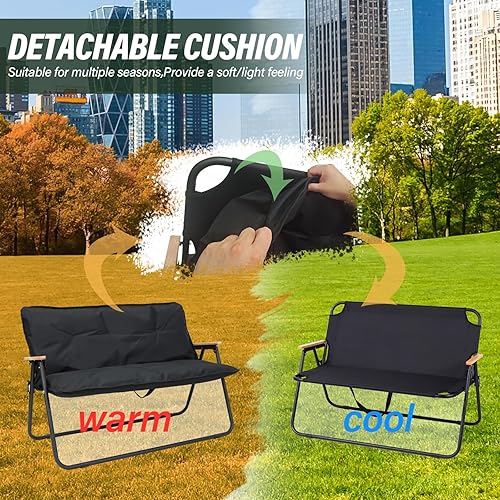 Miniatura 4 de Silla de camping de dos plazas con cojín desmontable, silla de camping doble plegable con reposabrazos para pesca al aire libre, viajes, césped,
