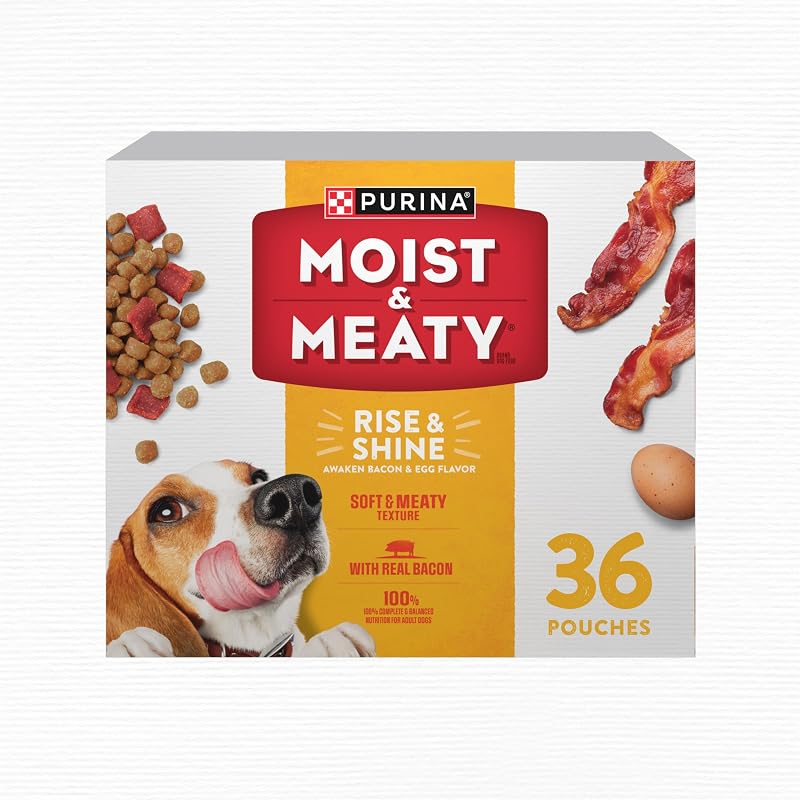 Purina Moist and Meaty Rise and Shine Awaken Bolsas de comida suave para perros con sabor a tocino y huevo - 36 u. Caja